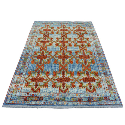 Tribal & Geometric Wool Hand Knotted Rug Orange Light Blue  5.8X7.9 -O053340