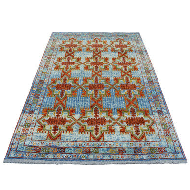 Tribal & Geometric Wool Hand Knotted Rug Orange Light Blue  5.8X7.9 -O053340
