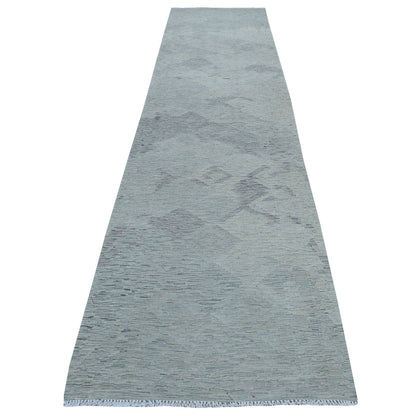 Flat Weave Wool Hand Woven Rug Grey Tidal Foam 3.1X14.0 -O053819