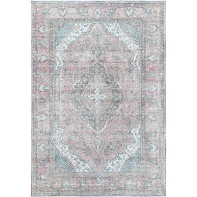 White Wash Vintage & Silver Wash Worn Wool Hand Knotted Rug Red Red 6.8X9.8 -O060183