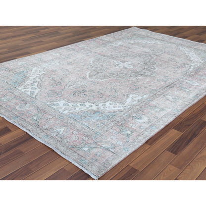 White Wash Vintage & Silver Wash Worn Wool Hand Knotted Rug Red Red 6.8X9.8 -O060183