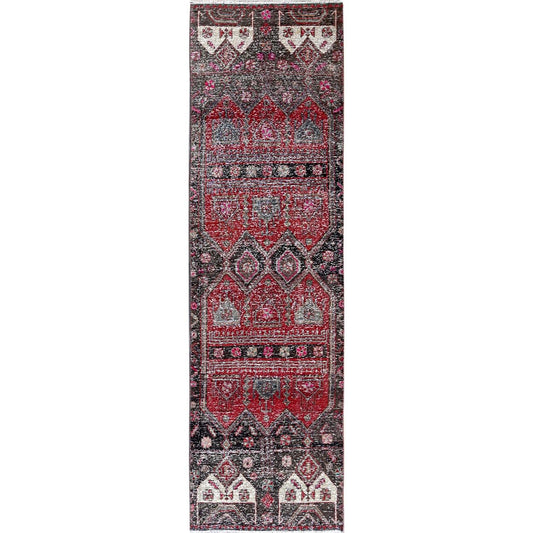 Overdyed & Vintage Wool Hand Knotted Rug Red 2.7x9.1 -O0640
