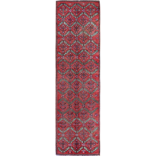 Overdyed & Vintage Wool Hand Knotted Rug Red 2.8x9.10 -O0642
