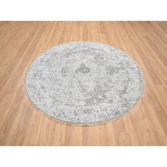 Transitional Wool & Pure Silk Hand Knotted Rug Grey No Border 6.7X6.7 -O064322