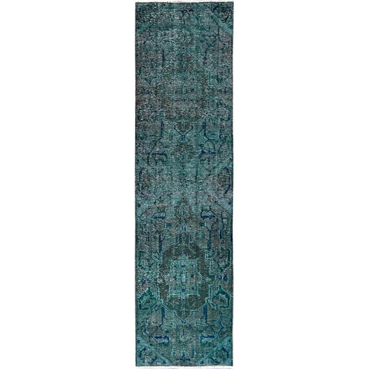 Overdyed & Vintage Wool Hand Knotted Rug Green 2.6x9.8 -O0645