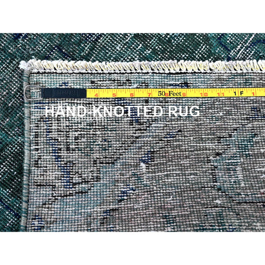 Overdyed & Vintage Wool Hand Knotted Rug Green 2.6x9.8 -O0645