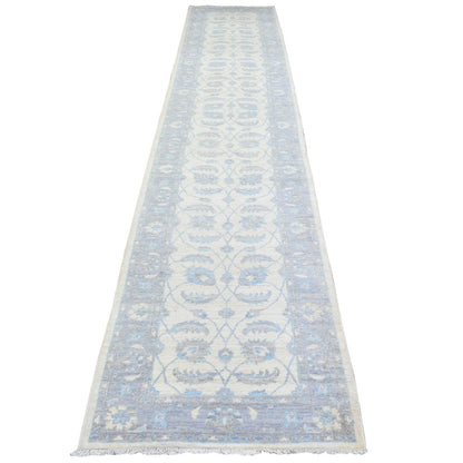 Oushak And Peshawar Wool Hand Knotted Rug Ivory Light Blue 2.8X14.4 -O072762
