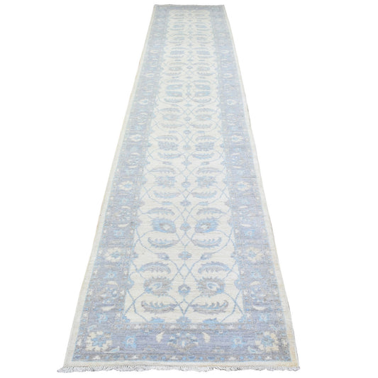 Oushak And Peshawar Wool Hand Knotted Rug Ivory Light Blue 2.8X14.4 -O072762