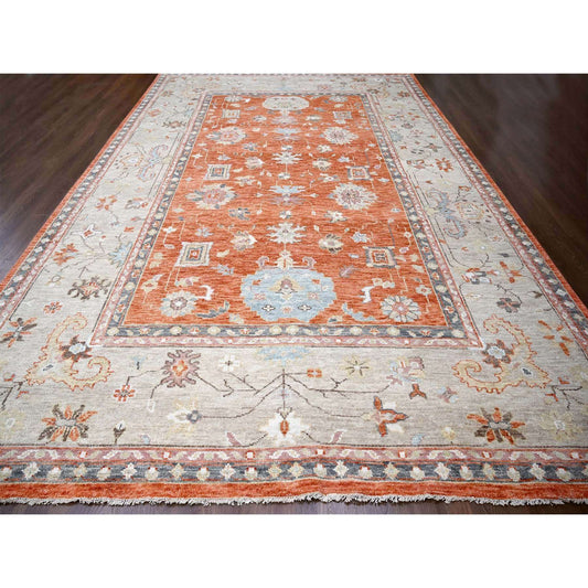 Oushak And Peshawar Wool Hand Knotted Rug Orange Camel 12.0X17.8 -O084358