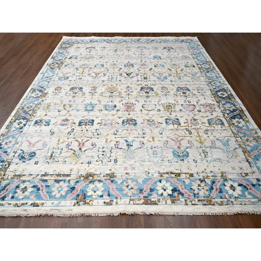 Oushak And Peshawar Wool Hand Knotted Rug Ivory Sky Blue 12.1X14.10 -O084362
