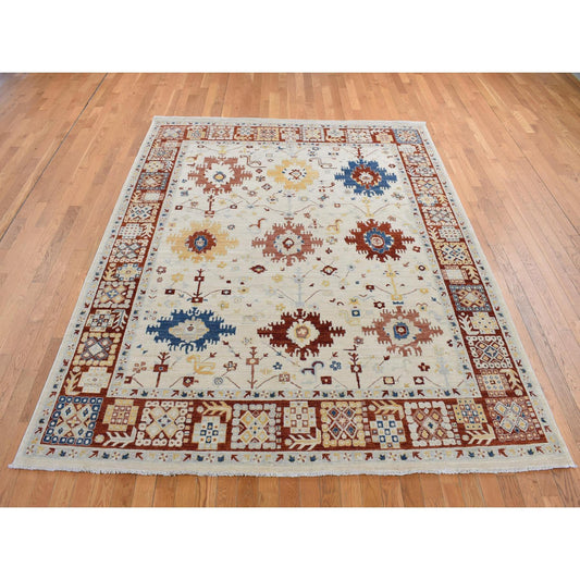 Oushak And Peshawar Wool Hand Knotted Rug Ivory Red 7.9X9.9 -O087010