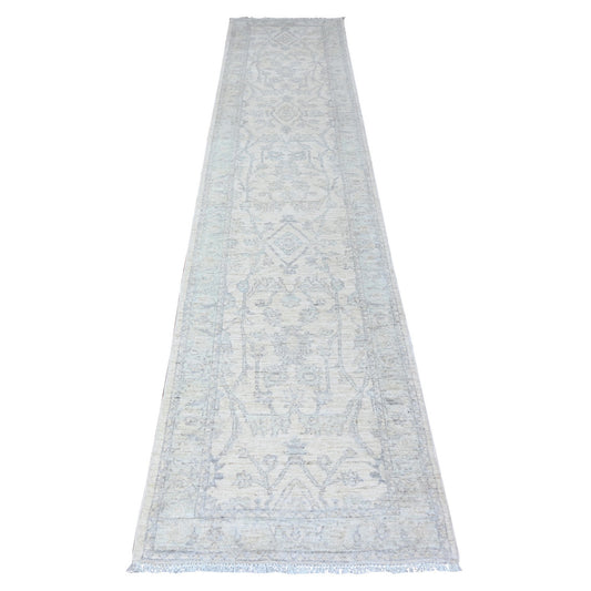 Oushak And Peshawar Wool Hand Knotted Rug Ivory White 2.5X11.8 -O088634