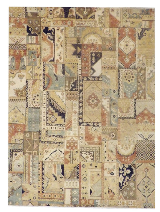 Patchwork Natural-dye Vintage Look 8'0"x11'0" Hand-knotted Rug -w11028