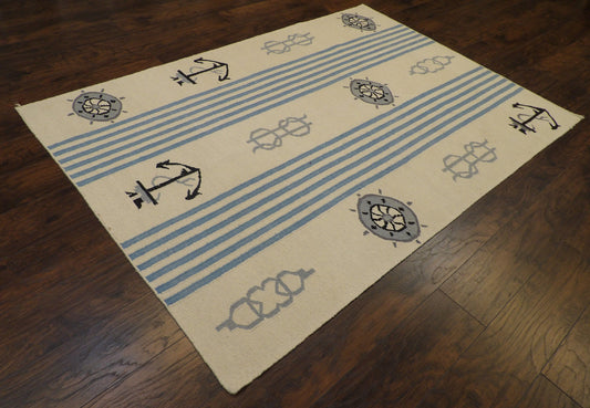 Coastal Flat-Weave Indoor/Outdoor Beach 5'0"x8'0" Hand-knotted Rug -W823